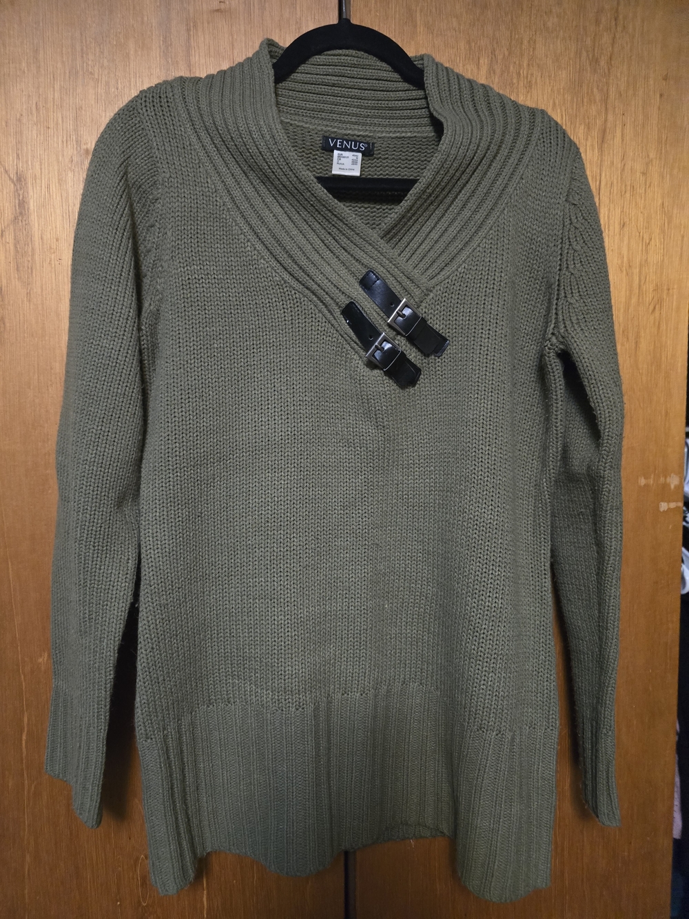 VENUS Olive Green Shawl Collar Buckle Sweater